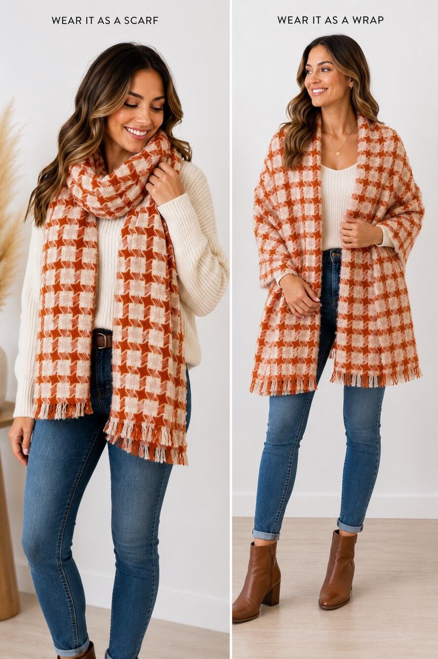 Vince Camuto Rust Orange Cream Houndstooth Fringe Blanket Scarf NWT